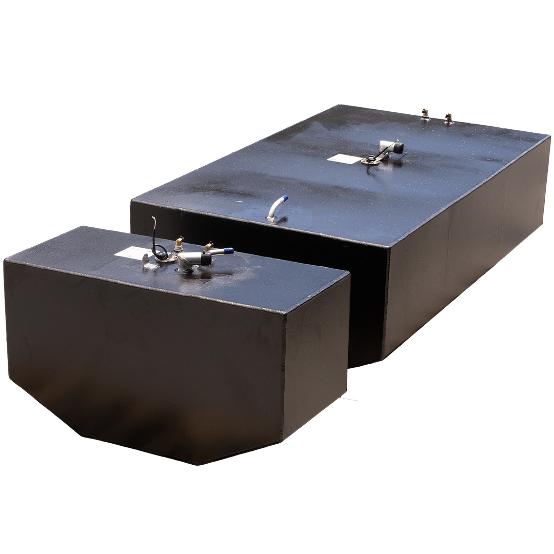 Two black, rectangular fuel tanks for an Intrepid 289 (2001), one large (193 gal.) and one smaller (50.5 gal.), with fittings on top, displayed against a black and grey checkered background