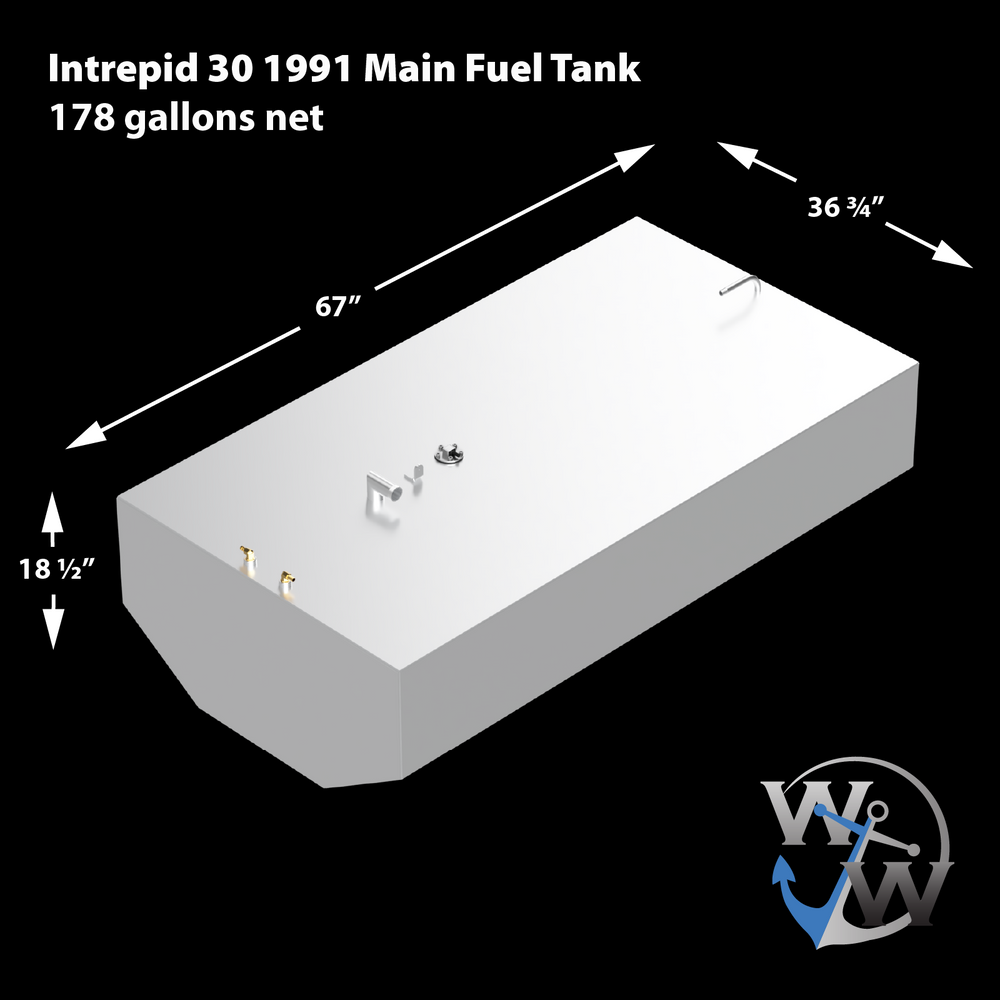 Diagram of the Intrepid 30' 1991 OEM Replacement Main Fuel Tank, featuring a capacity of 178 gallons. The tank measures 67 inches in length, 36¾ inches in width, and 18½ inches in height, with two fuel fittings visible on the side