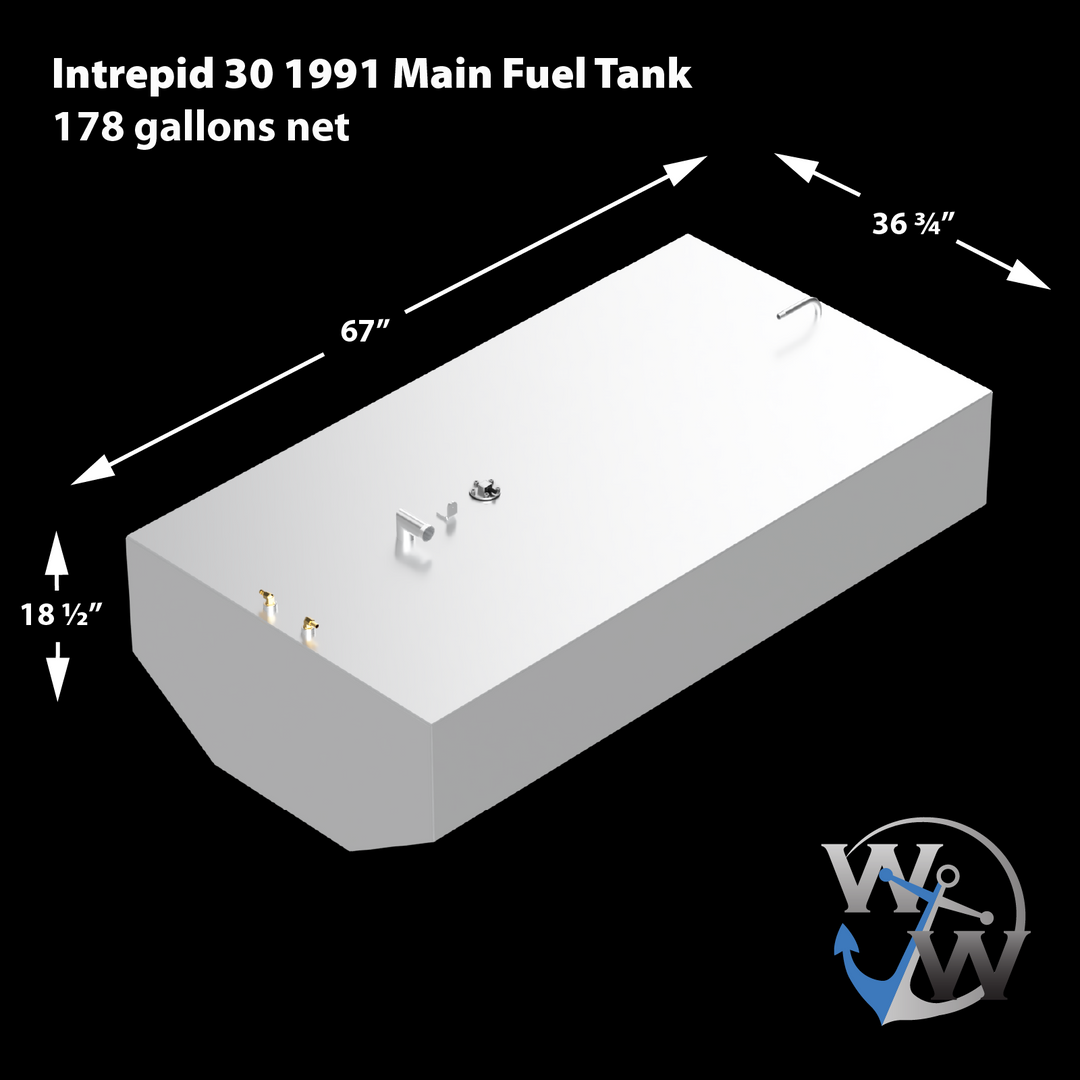 Diagram of the Intrepid 30' 1991 OEM Replacement Main Fuel Tank, featuring a capacity of 178 gallons. The tank measures 67 inches in length, 36¾ inches in width, and 18½ inches in height, with two fuel fittings visible on the side