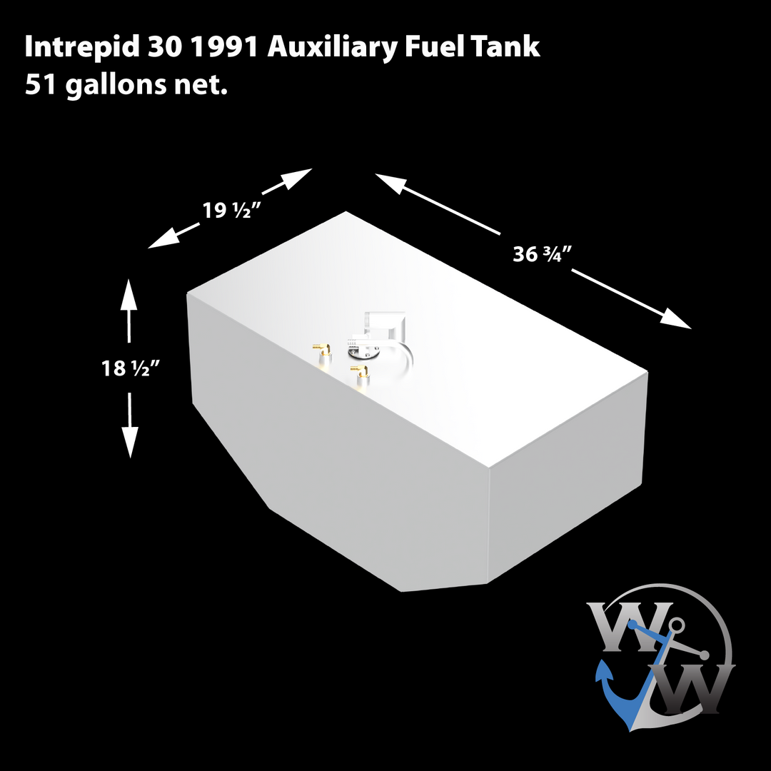 Diagram of the Intrepid 30' 1991 Auxiliary Fuel Tank, featuring a 51-gallon capacity. The tank dimensions are 36 3/4 inches in length, 19 1/2 inches in width, and 18 inches in height, with a sleek design suitable for marine applications