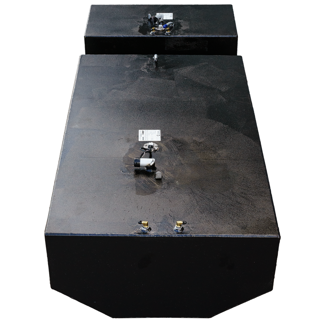 OEM replacement fuel tank combo kit for a 1991 Intrepid 30', featuring two tandem belly tanks: a large tank with a capacity of 178 gallons and a smaller tank with a capacity of 51 gallons, both in a sleek black finish