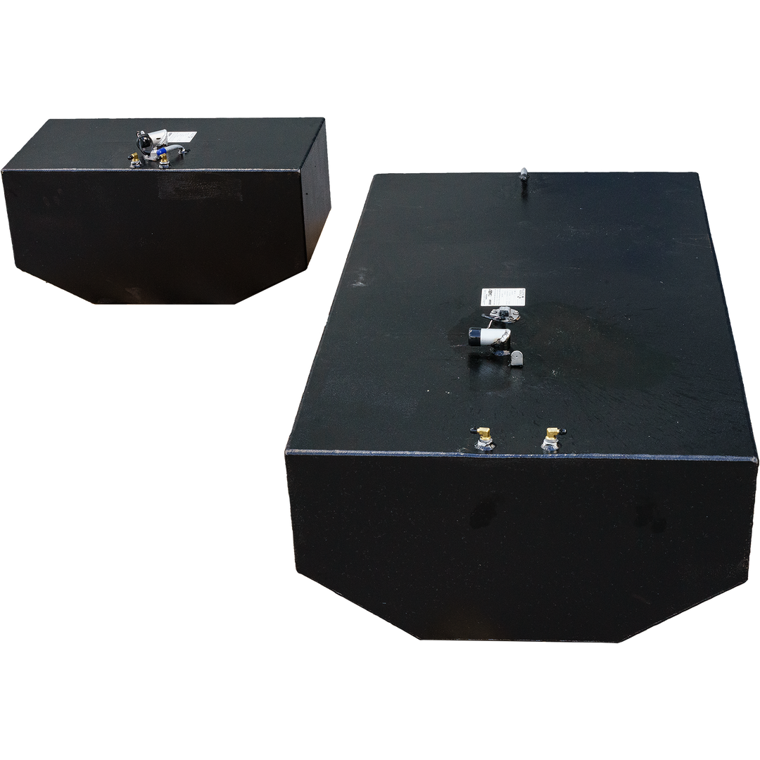 OEM Replacement Fuel Tank Combo Kit for Intrepid 30' 1991, featuring two tandem belly tanks with capacities of 178 gallons and 51 gallons, shown in a black finish