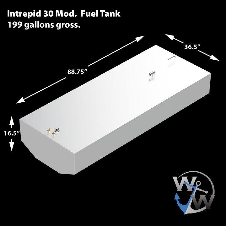 Schematic layout of a 200-gallon aluminum bow fuel tank for the Intrepid 30' center console. The diagram details a rectangular tank with dimensions of 88.75″ (L) × 36.5″ (W) × 16.5″ (H), optimized for forward cavity installation. Topside features include multiple labeled fittings and attachment points for fuel system integration. The design reflects modified geometry for enhanced fitment and capacity while maintaining OEM compliance and weight distribution in the bow section