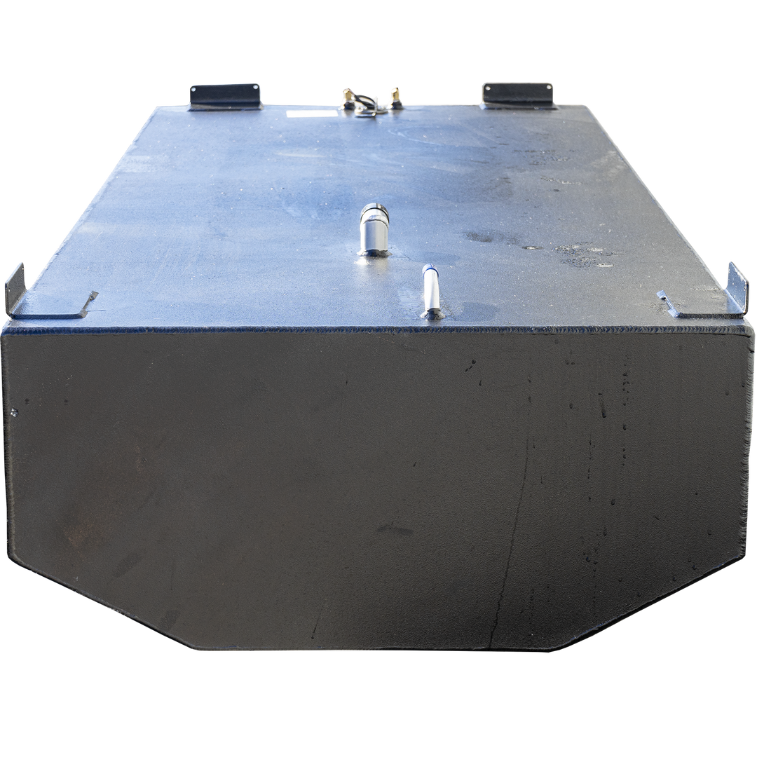 200-gallon aluminum bow fuel tank designed for the Intrepid 30' center console. The model features a matte black rectangular form with dual metal protrusions positioned toward the rear top surface—likely representing capped fittings or sensor components. Top corners show integrated metal mounting brackets for secure installation. The tank’s isolated, transparent-background presentation highlights its geometric profile and hardware layout, supporting use in OEM cavity alignment, routing planning