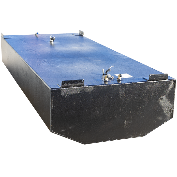 200-gallon aluminum bow fuel tank for the Intrepid 30' center console, shown with a matte black finish and rectangular layout featuring a beveled aft edge. Top-mounted components include a capped blue-handled shutoff valve, dual brass return fittings, and a centrally placed cylindrical sender unit with attached wiring. Metal mounting brackets are visible on the front-facing side for secure installation. The layout supports forward weight distribution and optimized fuel routing