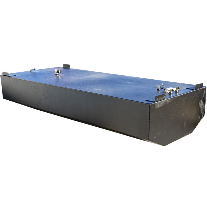 200-gallon aluminum bow fuel tank engineered for the Intrepid 30' center console, shown with a matte black finish and rectangular form. The top surface features a capped blue-handled shutoff valve, dual brass return fittings, and a centrally mounted cylindrical sender unit with black wiring. A white compliance label is positioned near the front edge, certifying .190″ 5052-H32 marine-grade aluminum construction and 9 psi pressure testing per 33 CFR § 183.510(a)