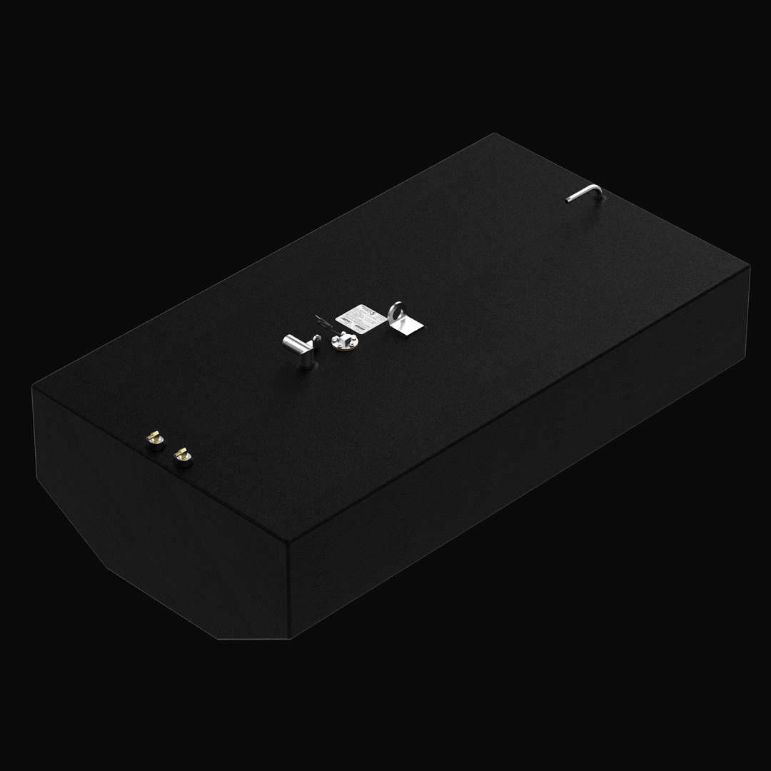 A high-angle isometric perspective view of a black Intrepid 30 CC Open OEM replacement marine fuel tank rendering from file image_437566.jpg, isolated against a black background. This dimensional overview showcases the tank's custom-engineered V-shaped bottom profile, meticulously modeled by Welding World to sit flush within the center hull deadrise stringer grid of the vessel. Precision-fabricated from heavy-gauge marine-grade 5052-H32 aluminum, the large 173-gallon structural center belly fuel cell is ful