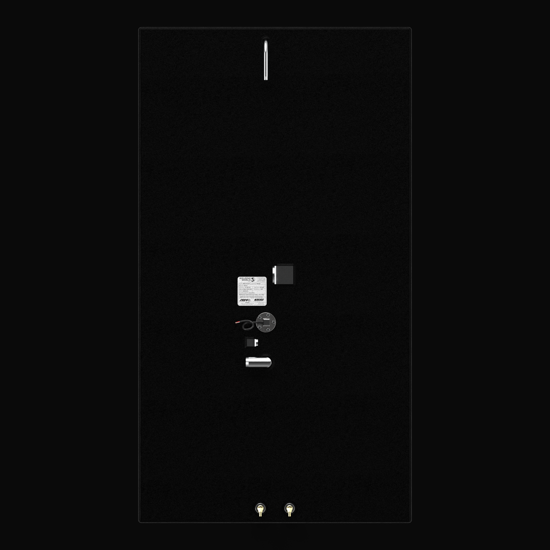 A top-down bird's-eye perspective view of the flat deck surface of a black Intrepid 30 CC Open OEM replacement marine fuel tank rendering from file image_438448.jpg, isolated against a black background. This vertical layout layout clearly showcases the centralized mechanical plumbing hardware configuration engineered by Welding World, featuring a curved aluminum tank vent line at the upper edge, a rugged welded lifting eye bracket, a white manufacturer specification data placard displaying ABYC/NMMA complia