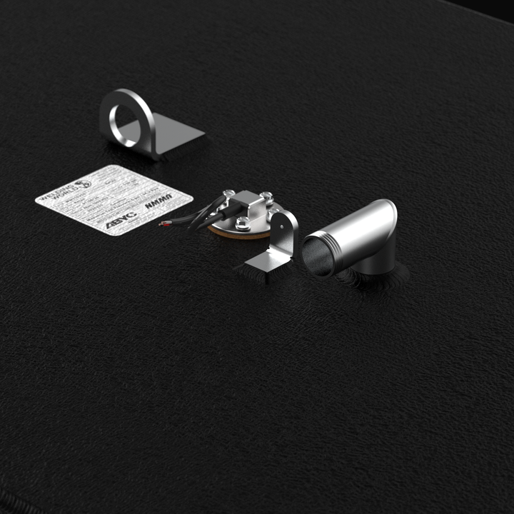 A close-up, high-angle perspective rendering focusing on the mid-deck plumbing hardware and manufacturer specification label of a black encapsulated Intrepid 30 CC Open OEM replacement marine fuel tank from file image_437d01.jpg. This detailed view highlights the textured, anti-corrosive black TarGard epoxy coating that encapsulates the heavy-gauge marine-grade 5052-H32 aluminum tank body to eliminate the threat of saltwater pitting and crevice corrosion inside the bilge cavity. Positioned in the foreground