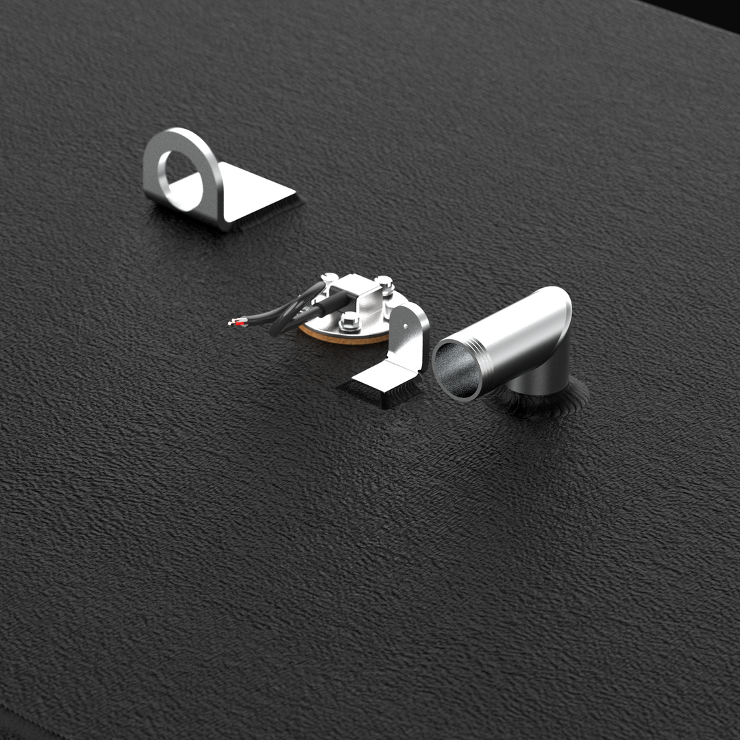 A close-up, high-angle perspective rendering focusing on the mid-deck plumbing hardware and mechanical fittings of a black encapsulated Intrepid 30 CC Open OEM replacement marine fuel tank from file image_437c69.jpg. This detailed view highlights the textured, anti-corrosive black TarGard epoxy coating that encapsulates the heavy-gauge marine-grade 5052-H32 aluminum tank body to protect the metal surfaces against saltwater pitting and crevice corrosion inside the bilge cavity. Positioned in the foreground i