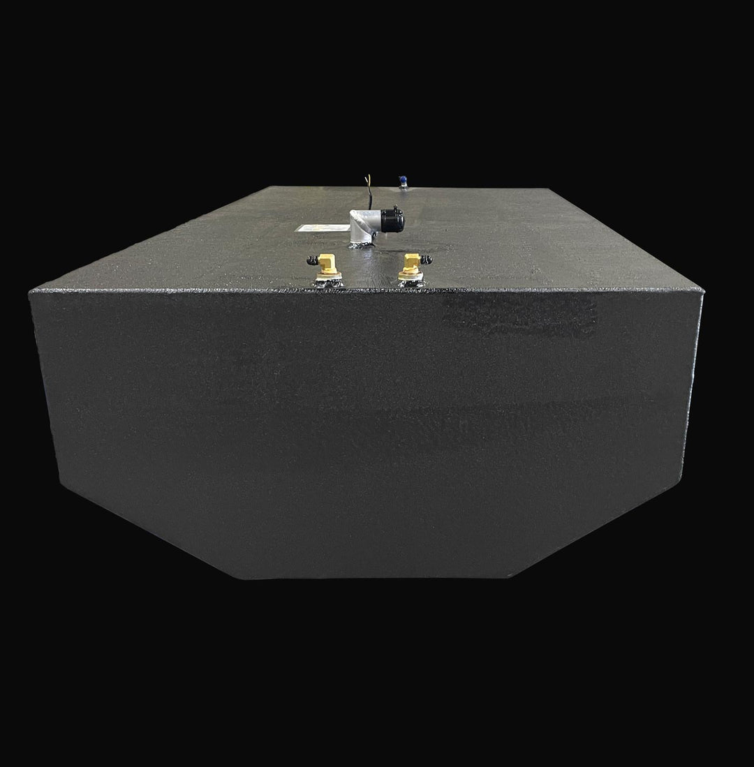 Front-facing perspective of a 178-gallon Intrepid 30 (1991) main fuel tank replacement, showcasing the precision-engineered hull-conforming bottom geometry. The image highlights the rugged, high-build Coal Tar Epoxy coating and top-mounted fuel system components, ensuring a guaranteed OEM fit and superior corrosion resistance for classic offshore Intrepid restorations.