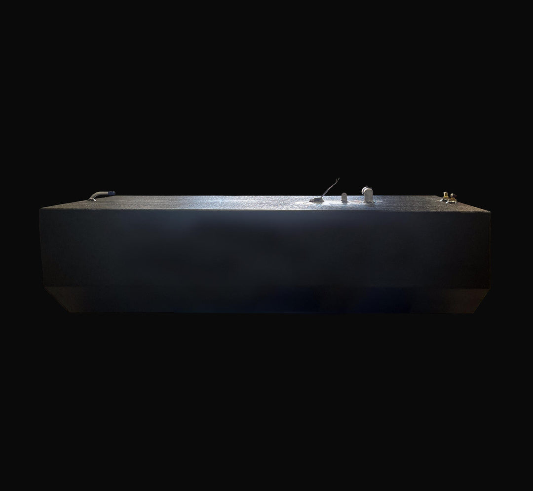Side-perspective view of a 178-gallon Intrepid 30 (1991) main fuel tank replacement, showcasing the precision-engineered hull-conforming bottom geometry. The image highlights the rugged, high-build Coal Tar Epoxy coating and top-mounted fuel system components, ensuring a guaranteed OEM fit and superior corrosion resistance for classic offshore Intrepid restorations.