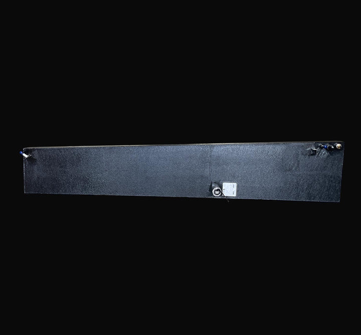 Top-down plan view of a 47-gallon Intrepid 30 (1991) wing fuel tank replacement, showcasing the precision layout of top-mounted fittings and the rugged Coal Tar Epoxy finish. This perspective highlights the long-form geometry and integrated fuel sender, ensuring a guaranteed OEM fit and maximum corrosion resistance for classic offshore Intrepid restorations.