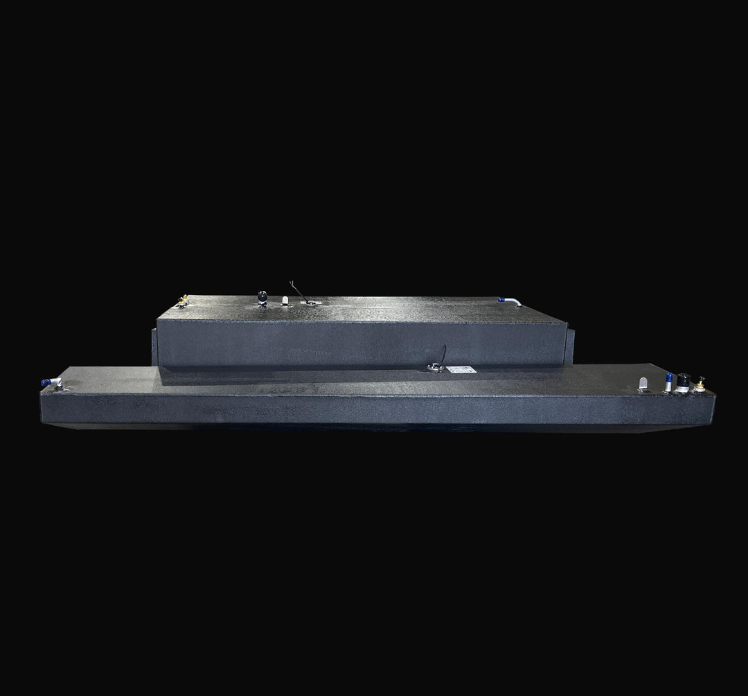 Side-profile view of the complete 3-tank replacement fuel system for a 1991 Intrepid 30, featuring the long-form 178-gallon main tank and auxiliary 47-gallon wing tanks. The image showcases the heavy-duty .190" marine-grade aluminum construction and rugged Coal Tar Epoxy coating, ensuring a guaranteed OEM fit and maximum corrosion resistance for classic offshore Intrepid restorations.