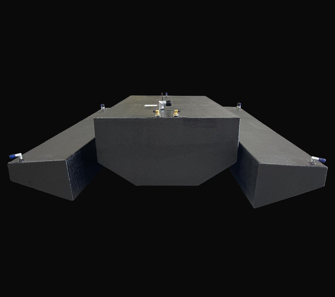 Front-facing view of the complete 3-tank replacement fuel system for a 1991 Intrepid 30, showing the 178-gallon main tank flanked by two 47-gallon wing tanks. The image highlights the specialized hull-conforming sloped geometry and heavy-duty Coal Tar Epoxy coating, ensuring a guaranteed OEM fit and superior corrosion resistance for classic Intrepid offshore restorations.