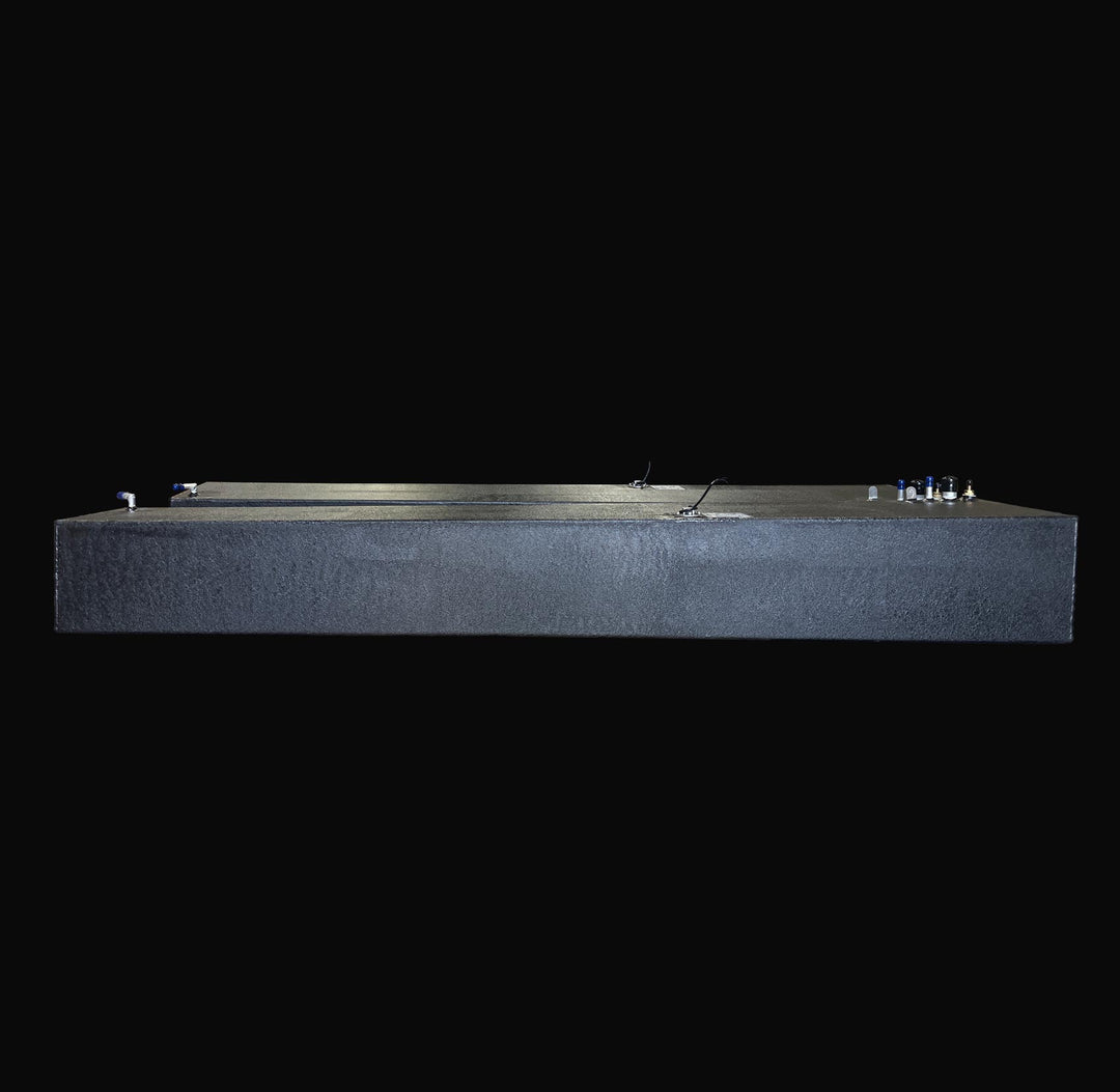 Side-perspective view of the complete 3-tank replacement fuel system for a 1991 Intrepid 30, featuring the long 178-gallon main tank and auxiliary 47-gallon wing tanks. The image highlights the rugged, high-build Coal Tar Epoxy coating and precision-welded fittings, ensuring a guaranteed OEM fit and maximum corrosion resistance for offshore performance.