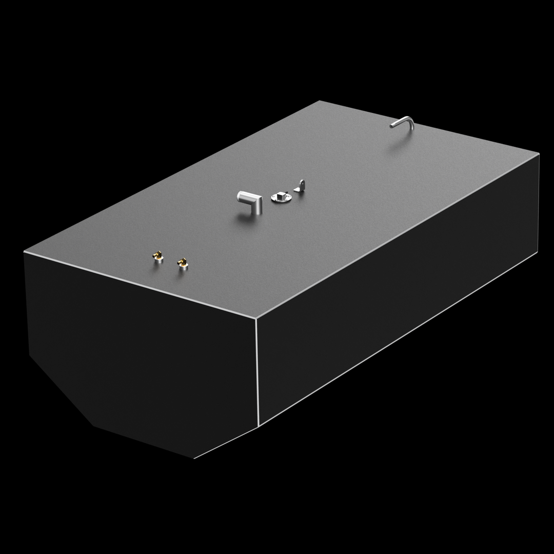 A dark gray, rectangular fuel tank is shown at an angle against a black background. The tank has a thin white outline along its top edges, and various metallic fittings on its top surface, including two small brass-colored ones and a larger silver-colored set