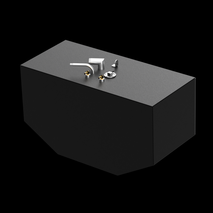 A dark grey, rectangular fuel tank is shown against a black background. Its top surface is covered with various metallic components, including two brass-colored fittings, several silver-colored tubes and caps, and a small, L-shaped piece