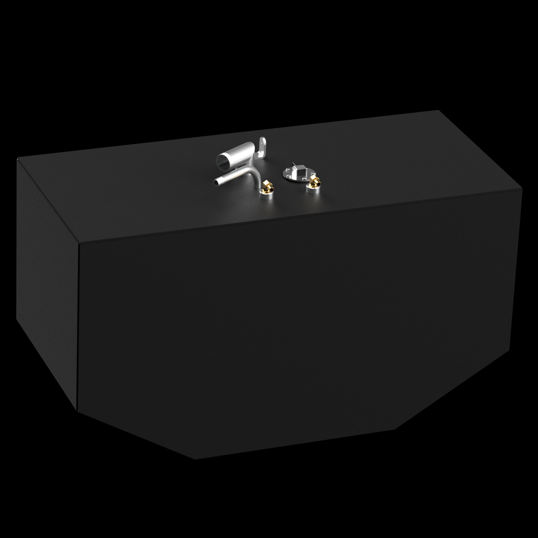 A dark gray, rectangular fuel tank with chamfered bottom corners is shown against a black background. Its top surface is adorned with various metallic fittings, including two brass-colored connectors, a curved silver pipe, and other silver-colored components.