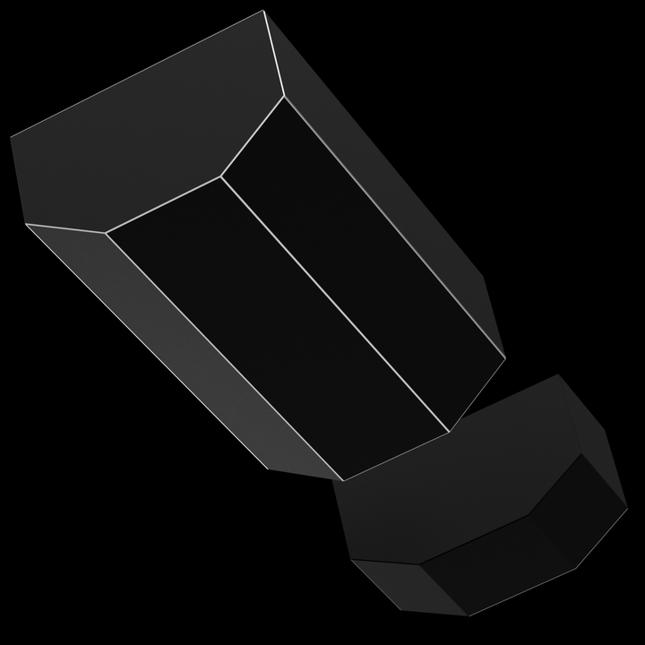 A dark gray geometric shape resembling a hexagonal prism is angled in the center, connected to a smaller, darker hexagonal shape on the right, all against a solid black background. White lines highlight the edges of both shapes