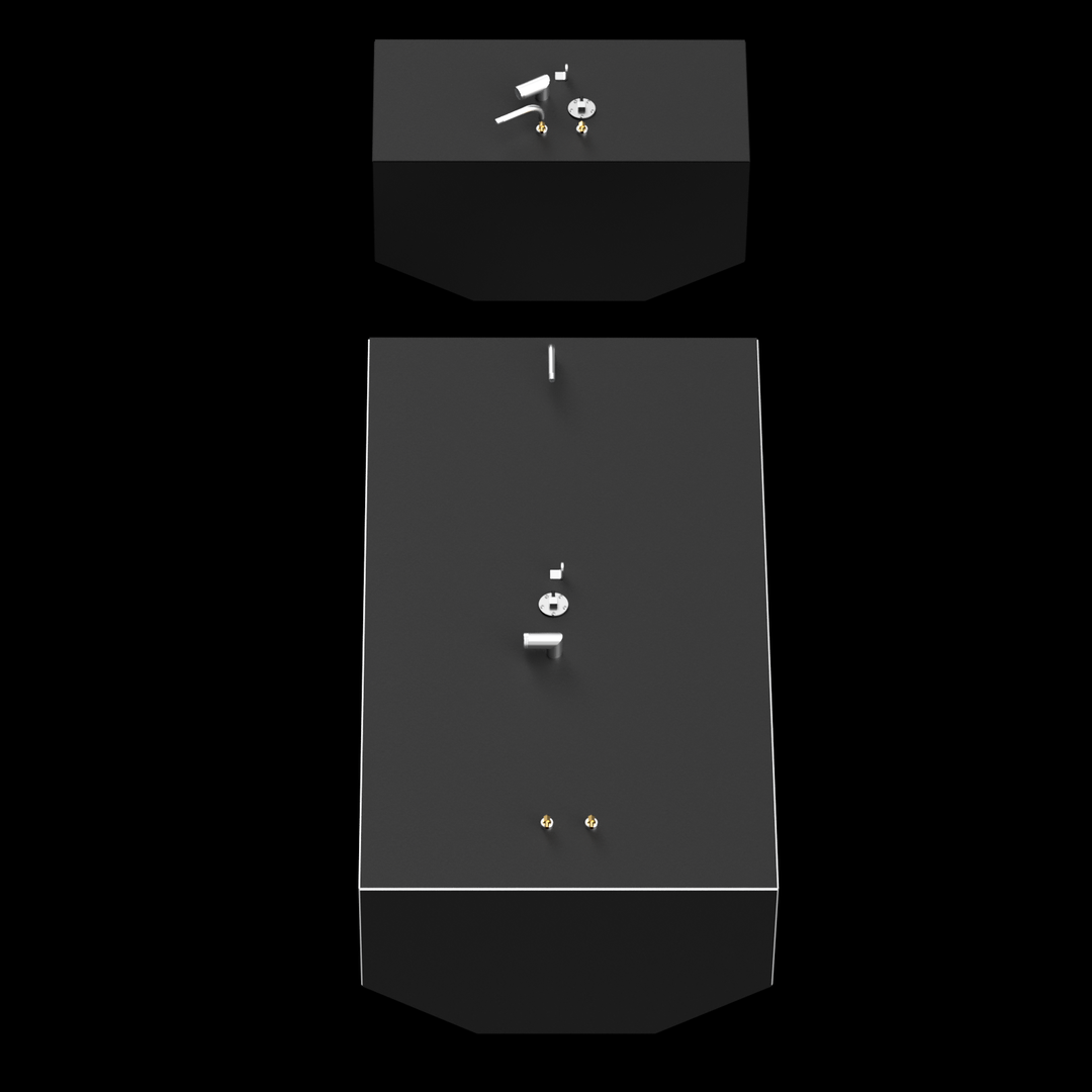 Two dark grey fuel tanks, one smaller and rectangular at the top, and one larger and elongated at the bottom, are arranged vertically against a black background. Both tanks feature various silver and brass-colored fittings on their top surfaces, and the larger tank has a white outline along its top edges