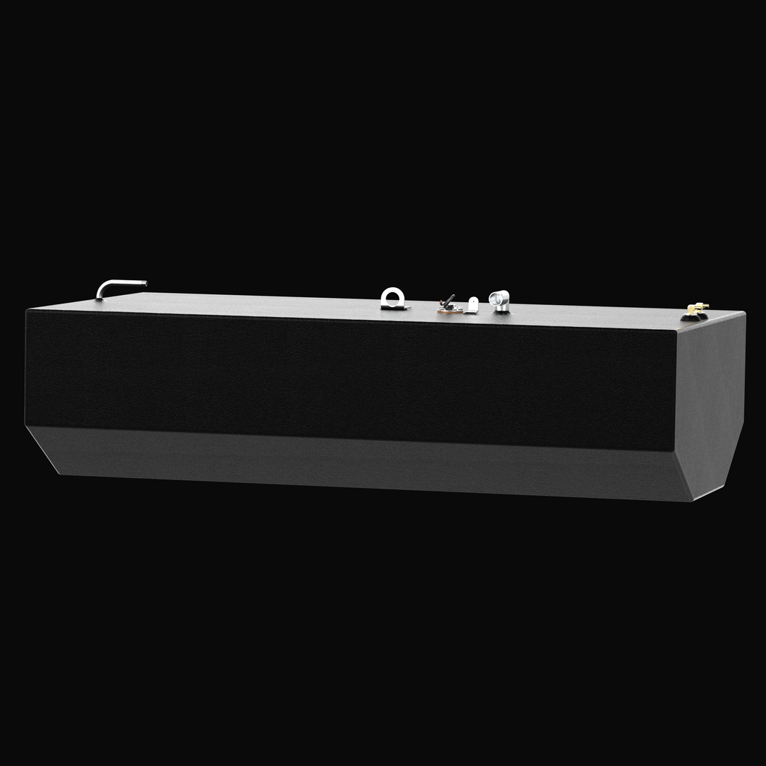 Side-angle view of the 173-gallon Intrepid 322 Cuddy OEM replacement fuel tank, highlighting the precision-fit mounting tabs and rugged Coal Tar Epoxy finish. This durable coating is specifically applied to protect the .188-gauge marine aluminum from the corrosive conditions of a center-stringer bilge. Engineered to factory specifications for the 1995 Intrepid 322, the tank features high-flow brass pickups and a 1.5-inch fill neck, ensuring it meets all USCG and ABYC safety requirements for offshore use.