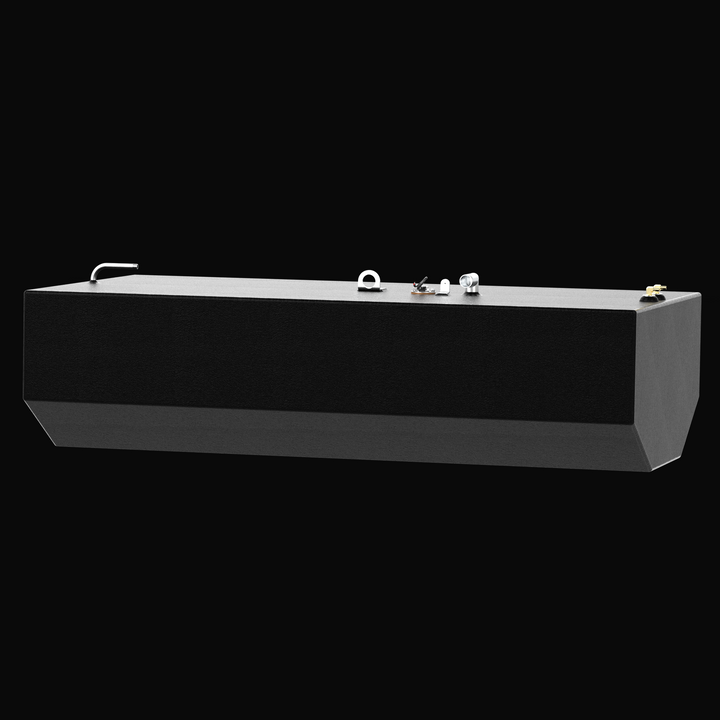 Side-angle view of the 173-gallon Intrepid 322 Cuddy OEM replacement fuel tank, highlighting the precision-fit mounting tabs and rugged Coal Tar Epoxy finish. This durable coating is specifically applied to protect the .188-gauge marine aluminum from the corrosive conditions of a center-stringer bilge. Engineered to factory specifications for the 1995 Intrepid 322, the tank features high-flow brass pickups and a 1.5-inch fill neck, ensuring it meets all USCG and ABYC safety requirements for offshore use.
