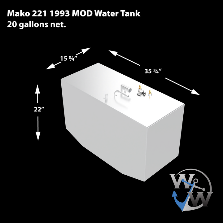 Alt text: "Diagram of a Mako 221 1993 MOD water tank with dimensions labeled: 35¾ inches long, 22 inches wide, and 15¾ inches high, featuring a top view of the tank design