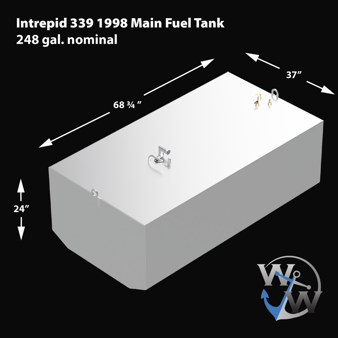 1998 Intrepid 339 with a 2-tank combo, featuring a 248-gallon center tank and a 51-gallon auxiliary tank, Built to OEM Specs fuel tank kit designed for offshore fishing and long-range cruising