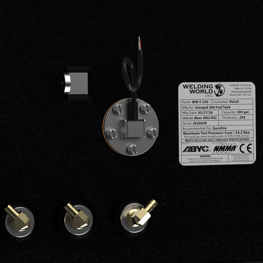 A detailed top-down view of the manufacturer specification plate and deck hardware on an Intrepid 366 300-gallon OEM replacement marine fuel tank. The official metal certification tag from Welding World Inc. specifies a 300-gallon capacity, heavy-duty .250 thickness marine-grade 5052-H32 aluminum construction, a maximum test pressure of 6 psi / 34.2 Kpa, and full compliance with ABYC, NMMA, and CE standards for gasoline fuel cells. Positioned next to the label is a five-bolt electronic fuel level sending un