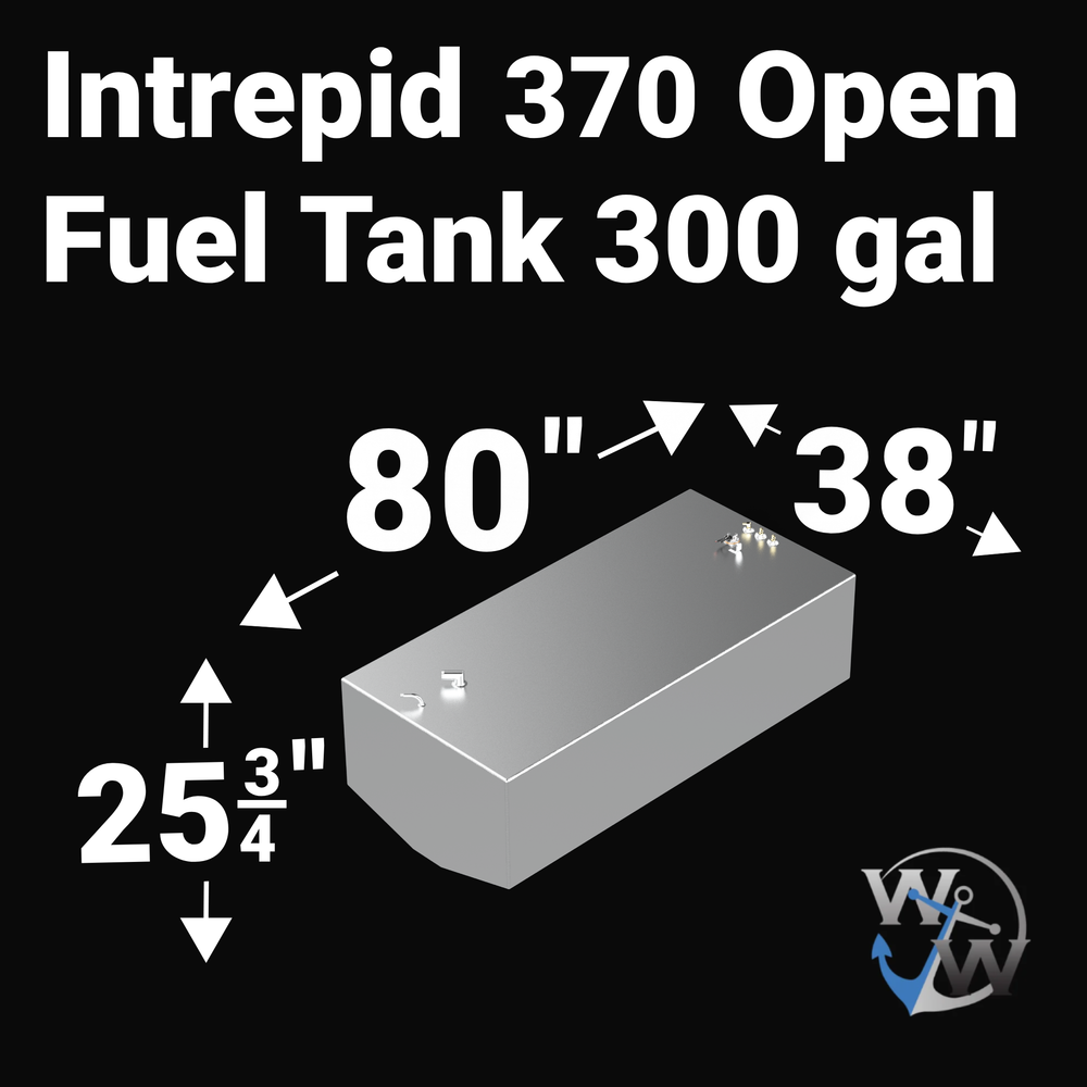 Dimensional technical diagram for a raw aluminum Intrepid 370 Open replacement marine fuel tank featuring a high-capacity 300-gallon design. The graphic displays precise technical specifications with measurements of 80" length, 38" width, and 25-3/4" height, showcasing a deep V-hull tapered bottom configuration designed to match the vessel's hull contour. The top deck displays an unsealed variant layout complete with a forward 90-degree fuel fill pipe, an integrated vent line connection, a center-to-aft ele