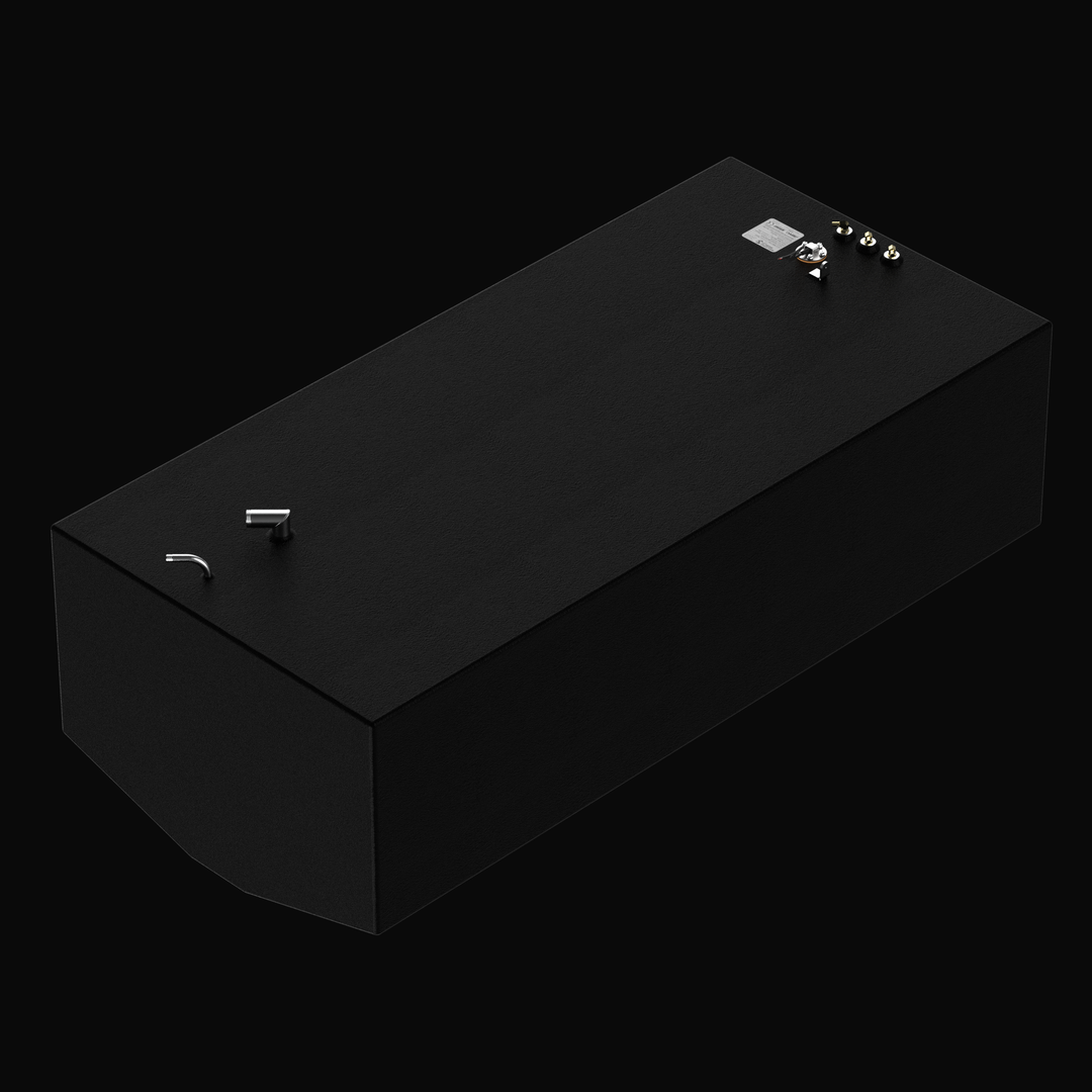 A three-quarter high-angle isometric perspective rendering of a massive black single-tank assembly, detailing an Intrepid 370 Open 300-gallon OEM replacement marine fuel tank. This high-capacity fuel cell features a deep-profile hull-conforming tapered bottom geometry, masterfully constructed from heavy-gauge marine-grade 5052-H32 aluminum and completely encapsulated in a durable, textured black TarGard epoxy coating for ultimate corrosion protection. The upper deck is outfitted with high-performance marine