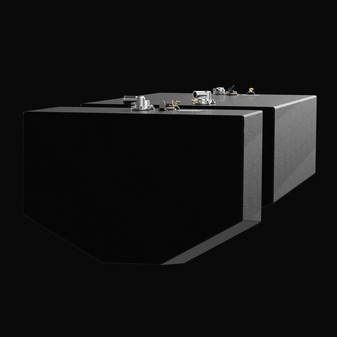 A low-angle front perspective rendering of a black dual-tank system, highlighting the V-hull tapered bottom geometry of an Intrepid 375 Open (2-tank combo) OEM replacement marine fuel tank system. The view showcases both the smaller forward tank and the larger main tank aligned inline, masterfully fabricated from heavy-gauge marine-grade 5052-H32 aluminum and fully sealed in a textured black TarGard epoxy coating for maximum corrosion protection. The precise multi-angled hull matching tapers on the undersid