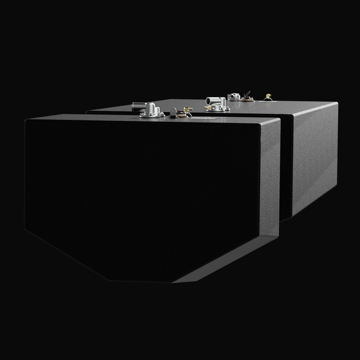 A low-angle front perspective rendering of a black dual-tank system, highlighting the V-hull tapered bottom geometry of an Intrepid 375 Open (2-tank combo) OEM replacement marine fuel tank system. The view showcases both the smaller forward tank and the larger main tank aligned inline, masterfully fabricated from heavy-gauge marine-grade 5052-H32 aluminum and fully sealed in a textured black TarGard epoxy coating for maximum corrosion protection. The precise multi-angled hull matching tapers on the undersid