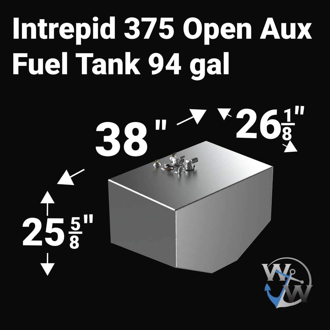 Dimensional technical diagram for a raw aluminum Intrepid 375 Open auxiliary replacement marine fuel tank featuring a 94-gallon capacity. The graphic displays precise technical specifications with measurements of 38" length, 26 1/8" width, and 25 5/8" height, illustrating the specialized V-hull tapered bottom configuration. The top deck displays an unsealed variant layout complete with brass fuel pickups, a fuel fill neck, and a sending unit assembly. Engineered by Welding World from heavy-duty marine-grade