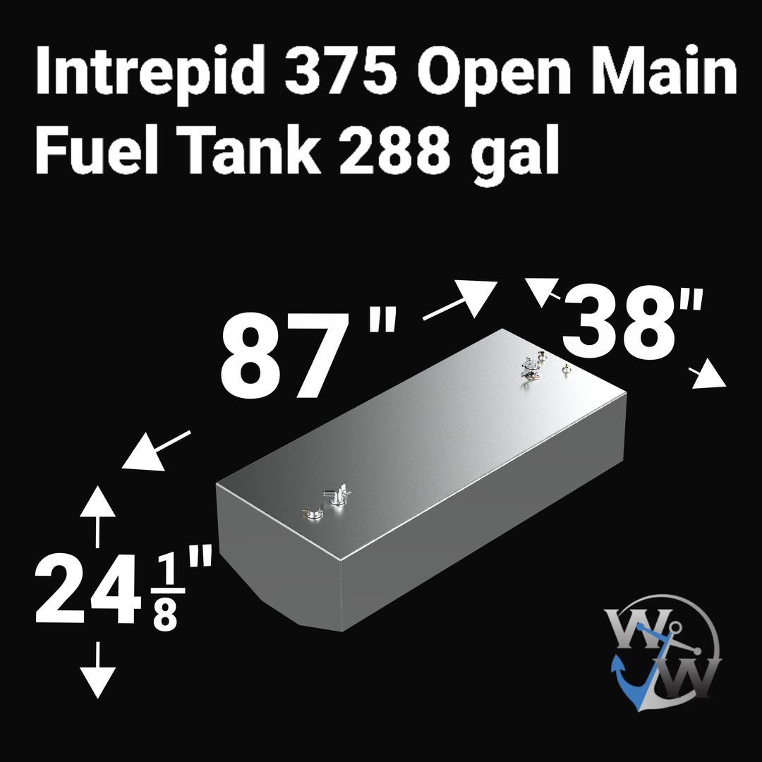 Dimensional technical diagram for a raw aluminum Intrepid 375 Open main replacement marine fuel tank featuring a 288-gallon capacity. The graphic displays precise technical specifications with measurements of 87" length, 38" width, and 24 1/8" height, highlighting its specialized V-hull tapered bottom shape. The top deck details an unsealed configuration layout with brass fuel pickups, dual fuel ports, and an integrated sending unit location. Precision-fabricated by Welding World from heavy-duty marine-grad