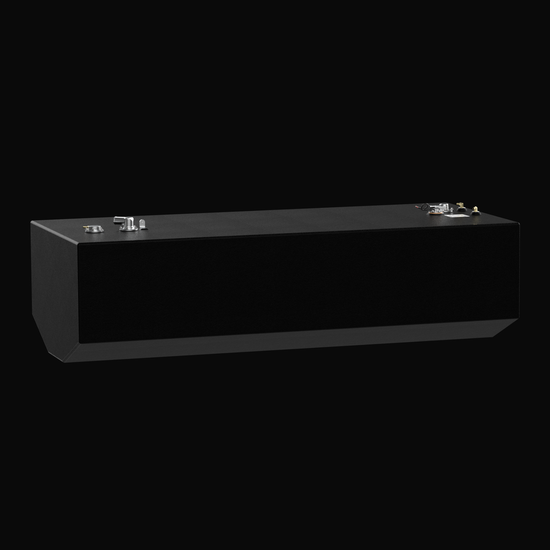 A panoramic side perspective view of a high-capacity main marine fuel cell, showcasing the long-range unit of an Intrepid 375 Open (2-tank combo) OEM replacement marine fuel tank system. Masterfully constructed from heavy-gauge marine-grade 5052-H32 aluminum, the tank is completely encapsulated in a durable, textured black TarGard epoxy coating for maximum corrosion resistance in harsh bilge environments. The low-profile view emphasizes the specialized longitudinal multi-angled, V-hull tapered bottom geomet