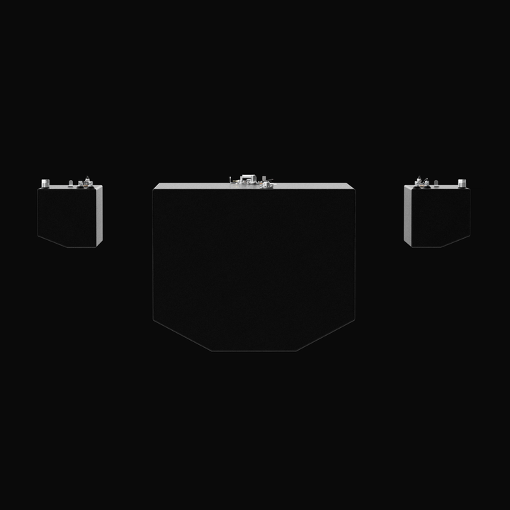 A studio head-on front perspective view displaying the complete three-tank set layout of an Intrepid 430SY OEM replacement marine fuel tank package from file image_9eb5b9.png, isolated against a black background. The assembly shows the massive center main fuel tank (376 gal) flanked by port and starboard saddle fuel tanks (25 gal each). Precision-fabricated from heavy-gauge marine-grade 5052-H32 aluminum, all three custom bodies feature deep-V and deadrise hull contouring fully encapsulated in a smooth, pro