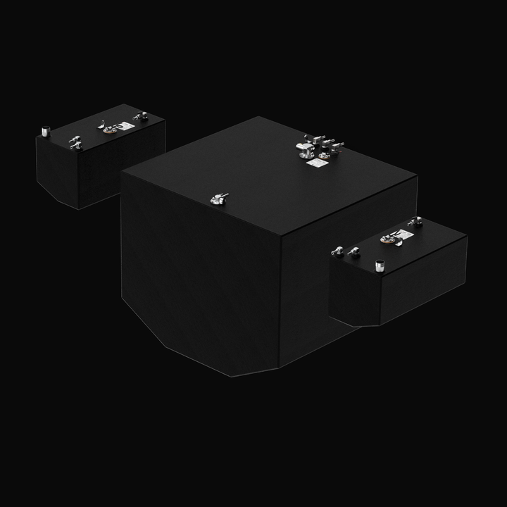 A studio high-angle isometric view displaying a full three-tank system set for an Intrepid 430SY OEM replacement marine fuel tank package from file image_9ebcdd.jpg, isolated against a black background. The assembly features a massive center main fuel tank (376 gal) flanked by two matching port and starboard saddle fuel tanks (25 gal each). Precision-fabricated from heavy-gauge marine-grade 5052-H32 aluminum, all three custom bodies are fully encapsulated in a smooth, protective black TarGard epoxy coating 
