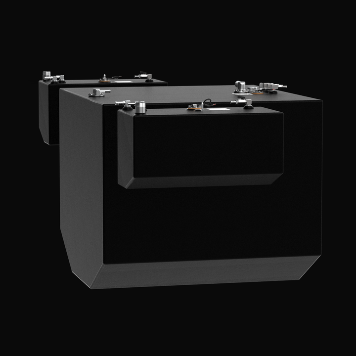 A studio low-angle isometric perspective view displaying the complete three-tank set layout for an Intrepid 430SY OEM replacement marine fuel tank package from file image_9eadfb.jpg, isolated against a black background. The assembly features the massive central main fuel tank (376 gal) with its deep V-hull deadrise base contour, flanked by two matching port and starboard saddle fuel tanks (25 gal each). Precision-fabricated from heavy-gauge marine-grade 5052-H32 aluminum, all three custom bodies are fully e