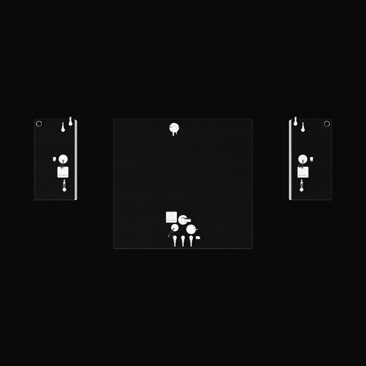 A studio top-down plan view displaying the complete deck layout for an Intrepid 430SY OEM replacement marine fuel tank package from file image_9eae71.png, isolated against a black background. The three-tank set layout features the massive square top deck of the main fuel tank (376 gal) positioned in the center, flanked by matching rectangular port and starboard saddle fuel tanks (25 gal each). Precision-fabricated from heavy-gauge marine-grade 5052-H32 aluminum, all three top decks are fully encapsulated in