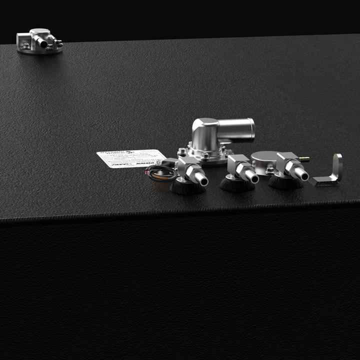 A studio close-up macro view displaying top deck fittings and hardware on a physical, finished black encapsulated Intrepid 430SY Main OEM replacement marine fuel tank (376 gal) from file image_9eb1b4.jpg, isolated against a black background. Precision-fabricated from heavy-gauge marine-grade 5052-H32 aluminum, the top deck is fully encapsulated in a textured black TarGard epoxy coating to resist severe saltwater pitting and bilge moisture decay. Detailed hardware features include a high-flow 90-degree alumi
