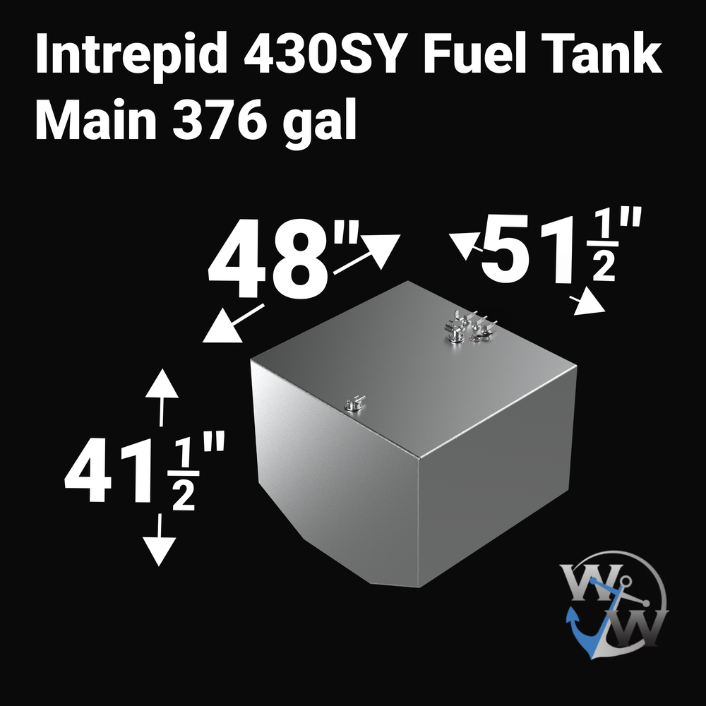 A studio product diagram displaying the exact dimension specifications for a 3D digital CAD model rendering of an unencapsulated bare aluminum Intrepid 430SY Main Fuel Tank (376 gal OEM replacement) from file image_9eb9d0.jpg, isolated against a black background. The isometric view shows the deep V-hull contoured bottom body with bold white measurement arrows indicating key overall dimensions: 48 inches in length, 51 1/2 inches in width, and 41 1/2 inches in total height. Top deck hardware features a center