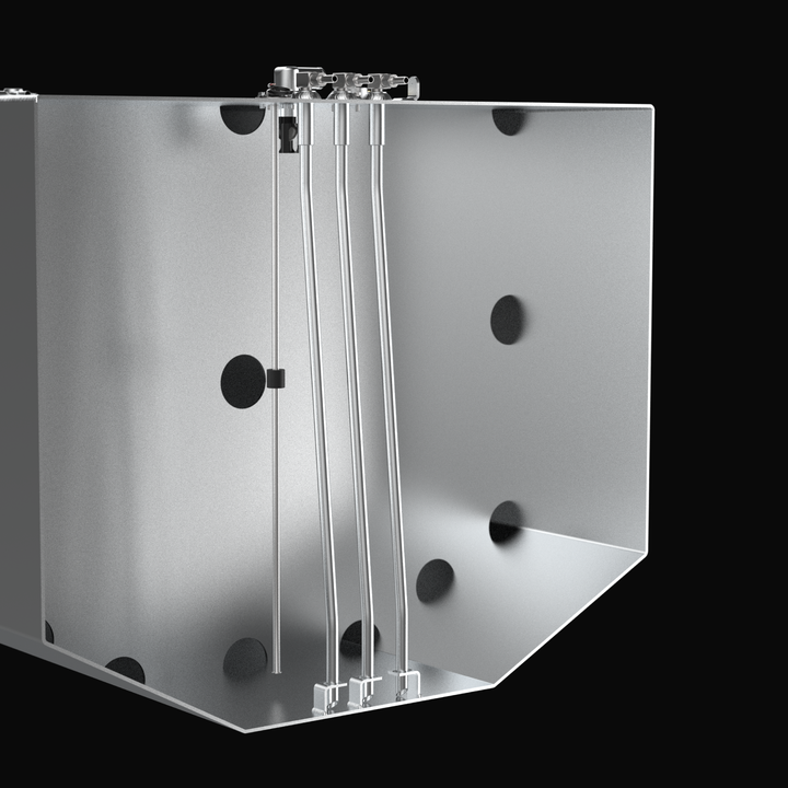 A studio high-angle cross-section interior view revealing the internal baffle construction of a 3D digital CAD rendering for an Intrepid 430SY Main OEM replacement marine fuel tank (376 gal) from file image_9eb253.jpg, isolated against a black background. Precision-engineered from bare marine-grade 5052-H32 aluminum, the cutaway reveals internal baffle plates with circular flow-through pass ports to eliminate sloshing, a vertical electronic fuel sender probe, and triple internal fuel pickup tubes anchored i