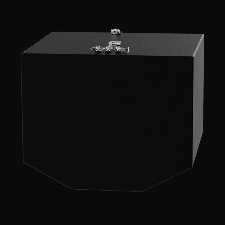 A studio high-angle isometric view displaying the massive main cell body of a physical, finished black encapsulated Intrepid 430SY Main OEM replacement marine fuel tank (376 gal) from file image_9eb8df.jpg, isolated against a black background. Precision-fabricated from heavy-gauge marine-grade 5052-H32 aluminum, the deep V-hull contoured body is fully encapsulated in a smooth, protective black TarGard epoxy coating to resist severe saltwater pitting and bilge moisture decay. Top deck hardware configuration 