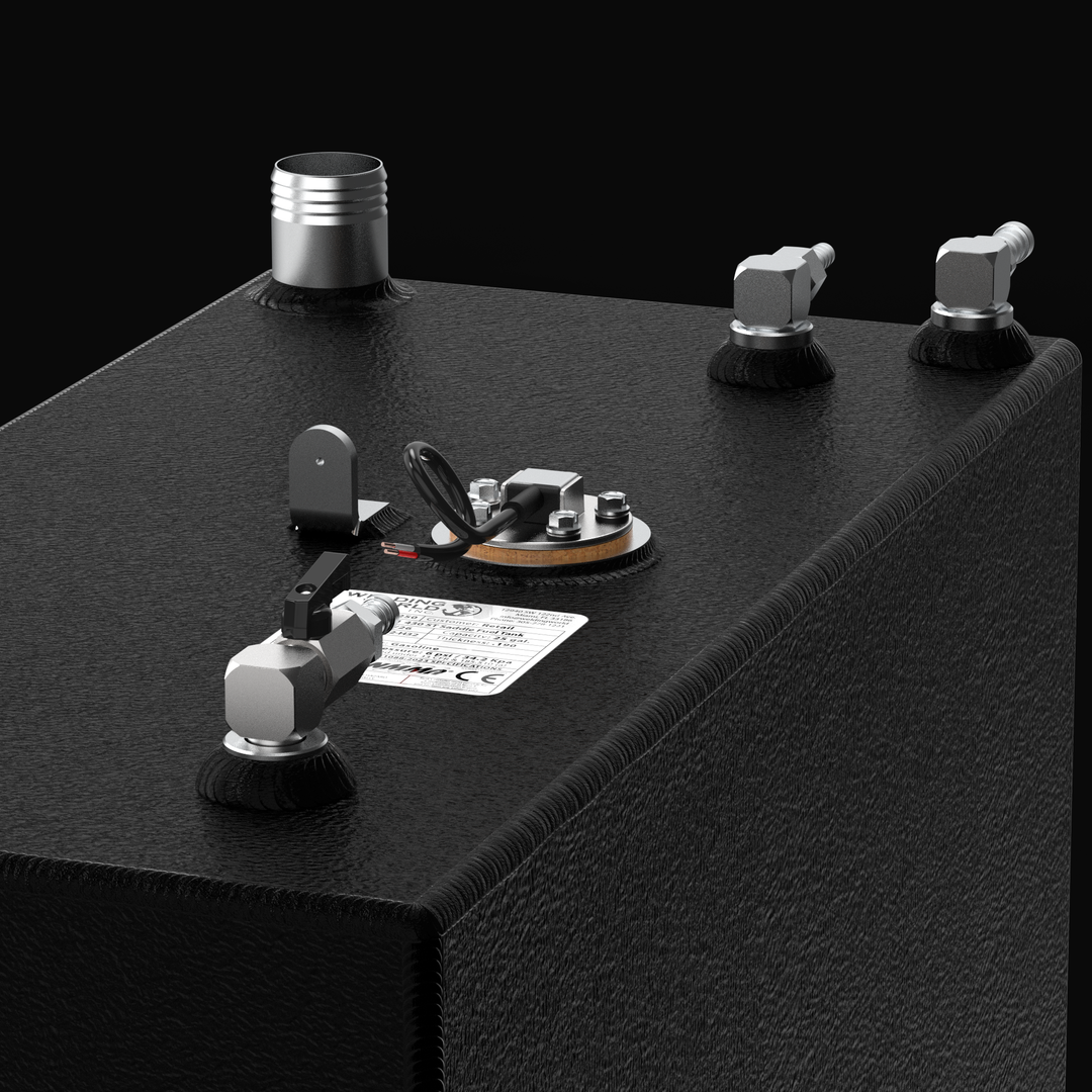 A studio close-up macro view displaying top deck fittings and hardware on a physical, finished black encapsulated Intrepid 430SY Saddle OEM replacement marine fuel tank (25 gal) from file image_9eb211.jpg, isolated against a black background. Precision-fabricated from heavy-gauge marine-grade 5052-H32 aluminum, the top deck is fully encapsulated in a textured black TarGard epoxy coating to resist severe saltwater pitting and bilge moisture decay. Detailed hardware features include a high-flow aluminum fuel 