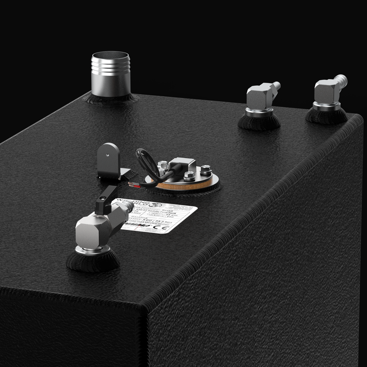 A studio close-up macro view displaying top deck fittings and hardware on a physical, finished black encapsulated Intrepid 430SY Saddle OEM replacement marine fuel tank (25 gal) from file image_9eb211.jpg, isolated against a black background. Precision-fabricated from heavy-gauge marine-grade 5052-H32 aluminum, the top deck is fully encapsulated in a textured black TarGard epoxy coating to resist severe saltwater pitting and bilge moisture decay. Detailed hardware features include a high-flow aluminum fuel 