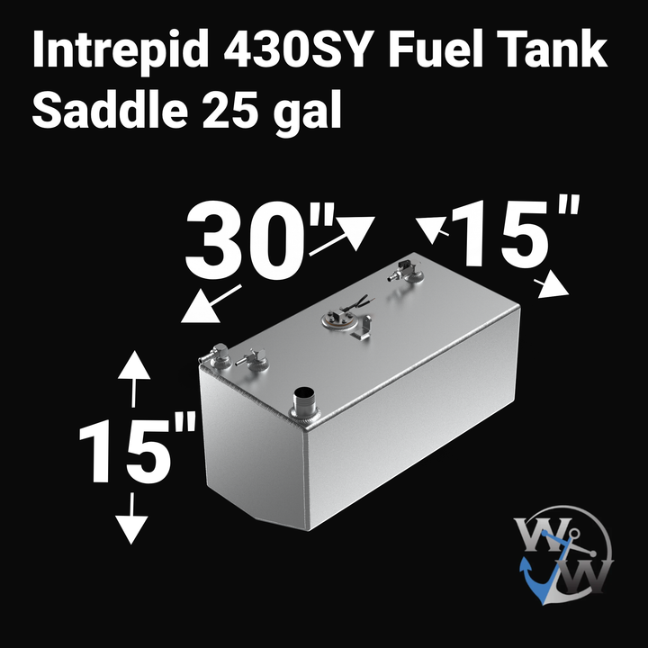 A studio product diagram displaying the exact dimension specifications for a 3D digital CAD model rendering of an unencapsulated bare aluminum Intrepid 430SY Saddle Fuel Tank (25 gal OEM replacement) from file image_9eb978.jpg, isolated against a black background. The isometric view shows the rectangular hull profile with a tapered bottom corner, featuring bold white measurement arrows indicating key overall dimensions: 30 inches in length, 15 inches in width, and 15 inches in total height. Top deck hardwar