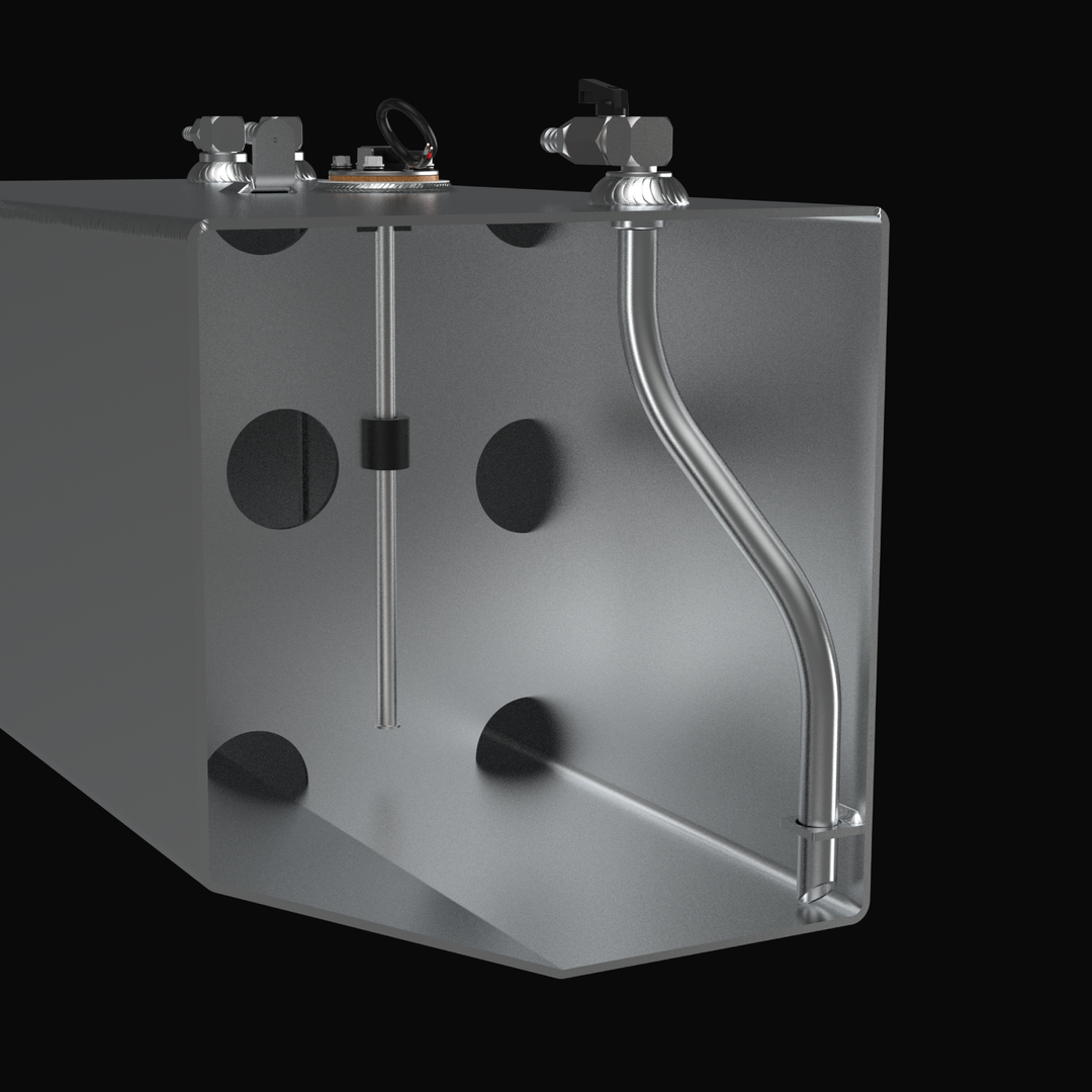 A studio high-angle cross-section interior view revealing the internal baffle construction of a 3D digital CAD rendering for an Intrepid 430SY Saddle OEM replacement marine fuel tank (25 gal) from file image_9eb53a.jpg, isolated against a black background. Precision-engineered from bare marine-grade 5052-H32 aluminum, the cutaway reveals internal baffle plates with round flow-through fluid pass ports to prevent fuel sloshing, a vertical electronic fuel level sender probe with a float, and a curved internal 