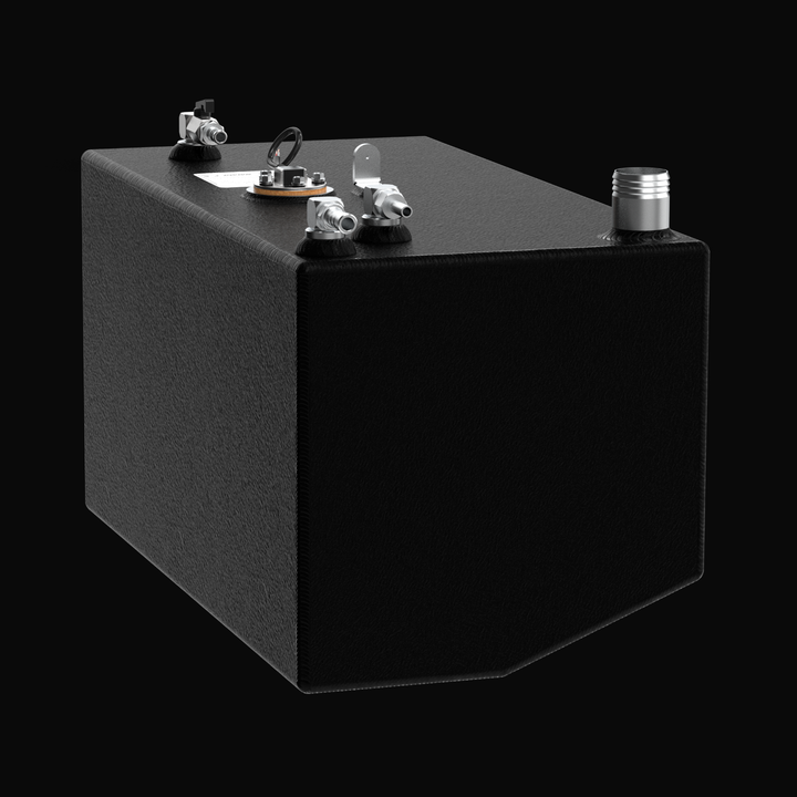 A studio high-angle isometric view displaying a physical, finished black encapsulated Intrepid 430SY Saddle OEM replacement marine fuel tank (25 gal) from file image_9eb611.jpg, isolated against a black background. Precision-fabricated from heavy-gauge marine-grade 5052-H32 aluminum, the rectangular body with a tapered bottom hull corner is fully encapsulated in a smooth, protective black TarGard epoxy coating to resist severe saltwater pitting and bilge moisture decay. Top deck hardware configuration featu